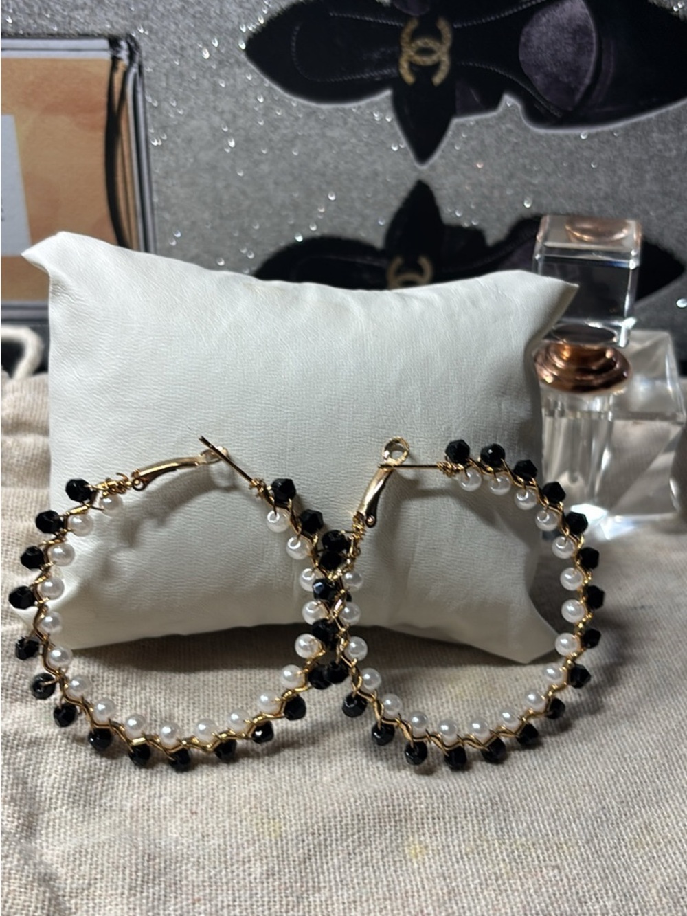 Gold 2” Hoop Earrings with faux Black Beads and White faux Pearls